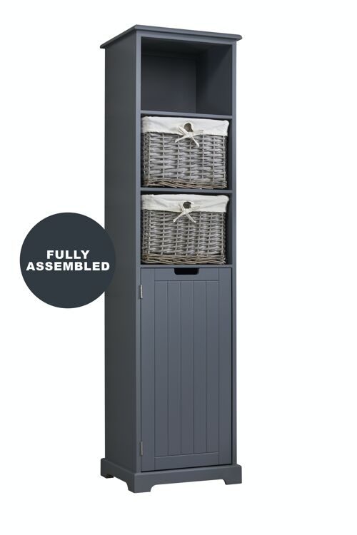 Fully Assembled Tall Cabinet Bathroom Tallboy with 2 Woven Baskets in Grey