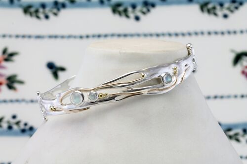 Handmade Sterling Silver Moonstone Bangle with 14kt Gold
