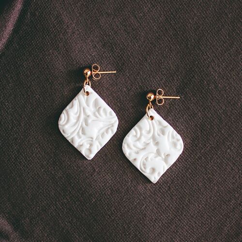 Bridal White Lace Minimalist Polymer Clay Earrings, "SONJA"