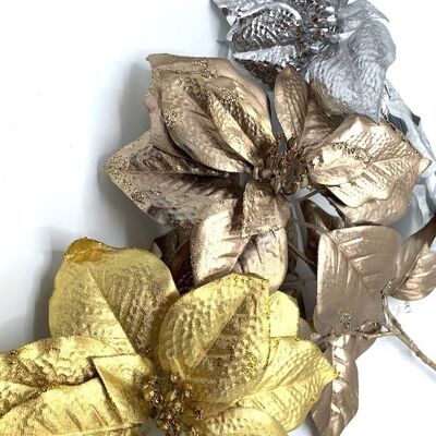Poinsettia Artificiale Champagne Oro e Argento H60cm