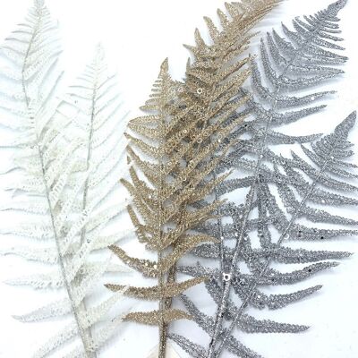 Glittery Artificial Fern H70cm Champagne White and Silver Assortment