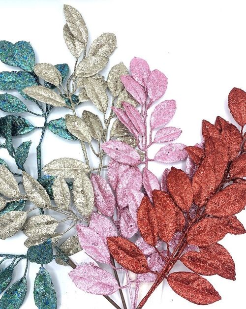 Feuille de Laurier artificielle pailletée H75cm Assortiment Vert Doré Rose et Rouge