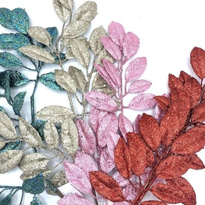 Foglia di alloro artificiale con paillettes H75cm Assortimento Verde Oro Rosa e Rosso