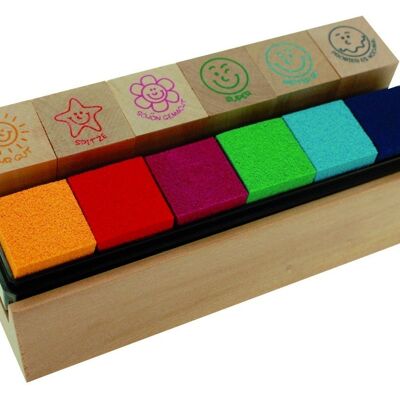 MOTIVATION Wooden teacher's stamp in the table stand with integrated stamp pad, 13 pieces