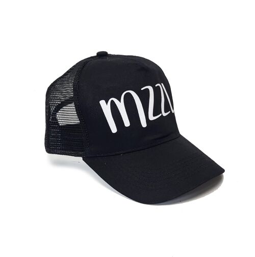 Black baseball caps with MZZL text print and velcro back closure