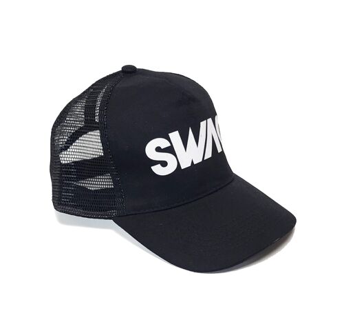 Black baseball caps with SWAG text print and velcro back closure