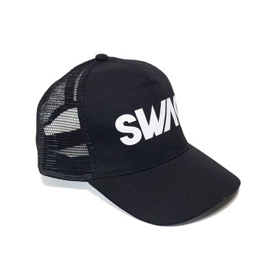 Black baseball caps with SWAG text print and velcro back closure