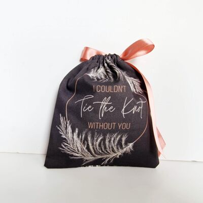 Pochette cadeau avec plumes grises et or rose « Je ne pourrais pas faire le nœud sans toi »