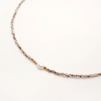 Collier Albane en perles de cristal irisé, perle d'eau douce et détails or