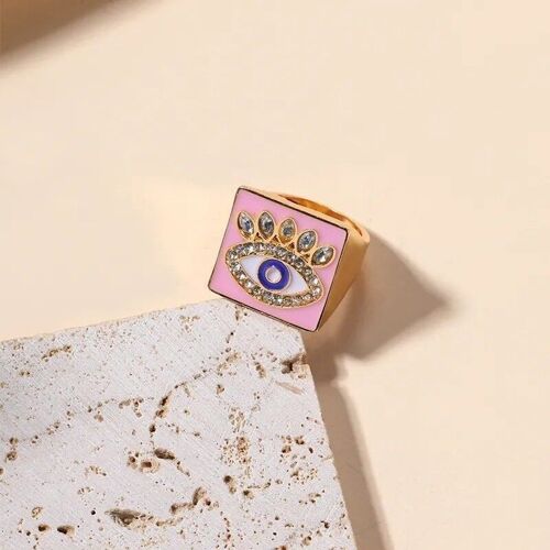 Evil Eye Ring, Rectangular, Pink