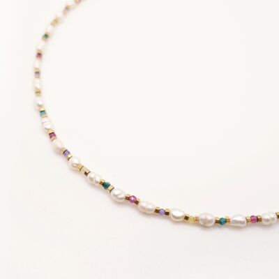 Bloom necklace in natural freshwater pearls and multi-colored crystal facets