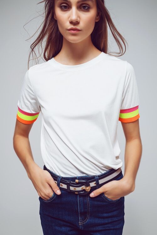 Basic White T-shirt With Colorful Stripe At Cuffs