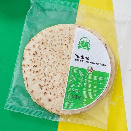 PIADINA ALL'OLIO EXTRAVERGINE DI OLIVA - pane piatto da arrotolare e farcire, per aperitivi e pasti veloci. 3 pezzi per confezione