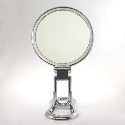 Specchio da trucco ingranditore bifacciale cromato con maniglia e supporto
