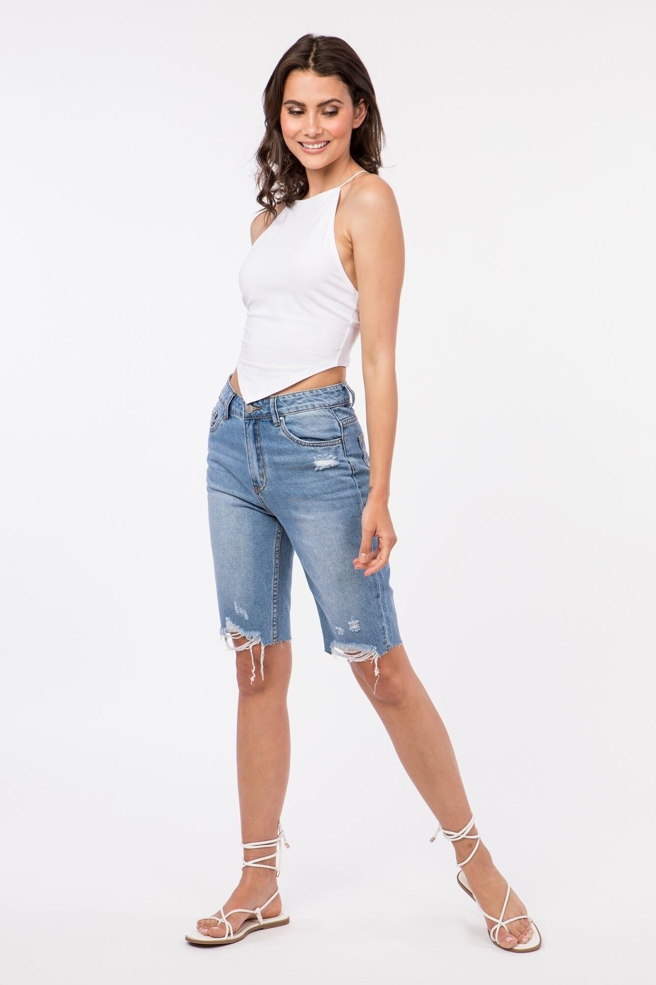 Short en jean cheap long taille haute