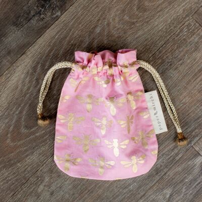 Fabric Gift Bags Double Drawstring -  Marshmallow Bees (Small)