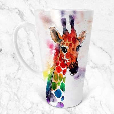 Taza de café con leche flaca de 17 oz de cerámica de acuarela de jirafa de colores brillantes, taza de café con leche de jirafa, taza de amantes de la jirafa, regalo de los amantes de la jirafa, taza de café con leche