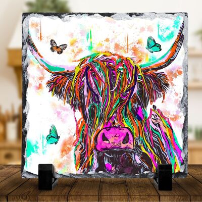 Ardesia con foto di roccia di mucca delle Highland dai colori vivaci, ardesia decorativa, supporto per padella, sottopentola, salvapiano di lavoro, regalo scozzese, prodotto in Scozia