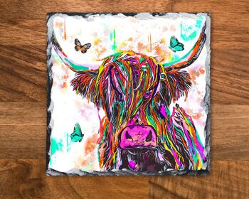 Ardoise de photo de roche de vache Highland aux couleurs vives, ardoise décorative, support de casserole, dessous de plat, économiseur de plan de travail, cadeau écossais, fabriqué en Écosse 2