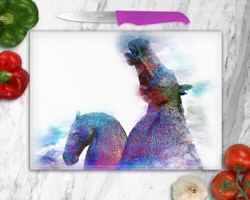 Brightly Coloured Kelpies Glass Chopping Board, Worktop Saver, Pan Stand, Kelpies Falkirk Chopping Board, Scottish Gift, Kelpies Gift