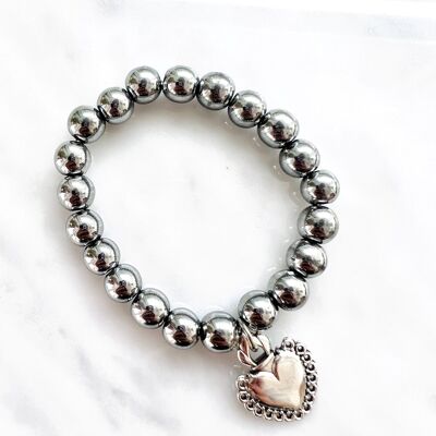 Big round glass pearl bracelet with heart