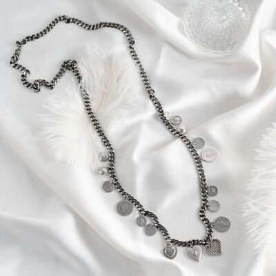 Black chain necklace with ethnic coins and hearts