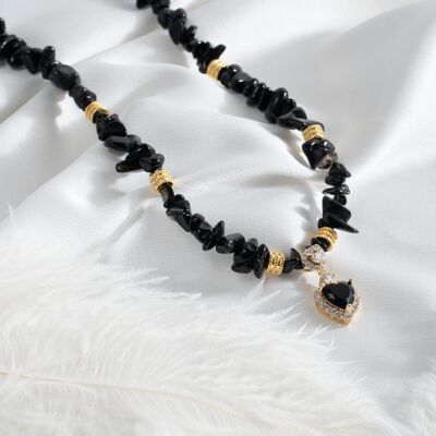 Black semiprecious chip necklace with crystal heart