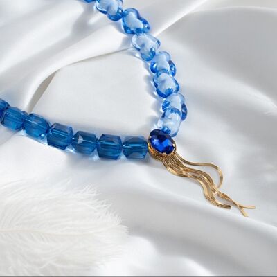 Collier tendance perlé bleu avec cristaux