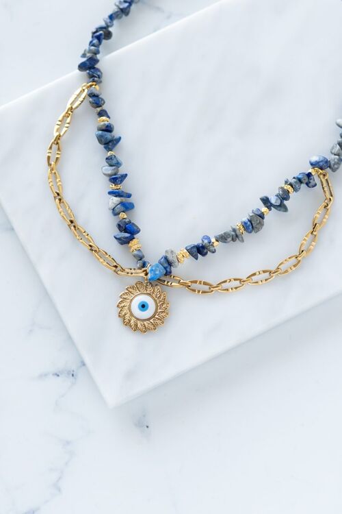 Blue semiprecious lapis chip necklace with sun flower evil eye