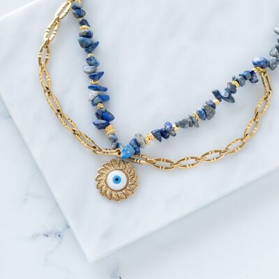 Collar de chip de lapislázuli semiprecioso azul con flor de sol mal de ojo