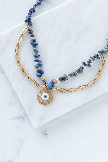 Collier puce de lapis semi-précieux bleu avec mauvais œil de fleur de soleil 1