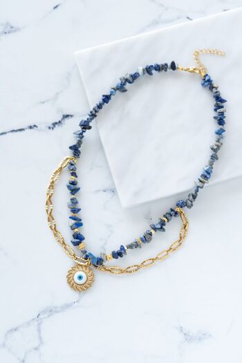 Collier puce de lapis semi-précieux bleu avec mauvais œil de fleur de soleil 3