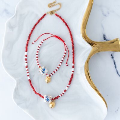 Ceramic floral bead spring necklace and bracelet