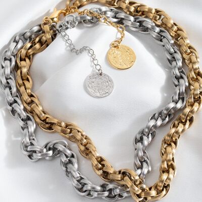 Grossa collana fashion a catena in oro antico e argento