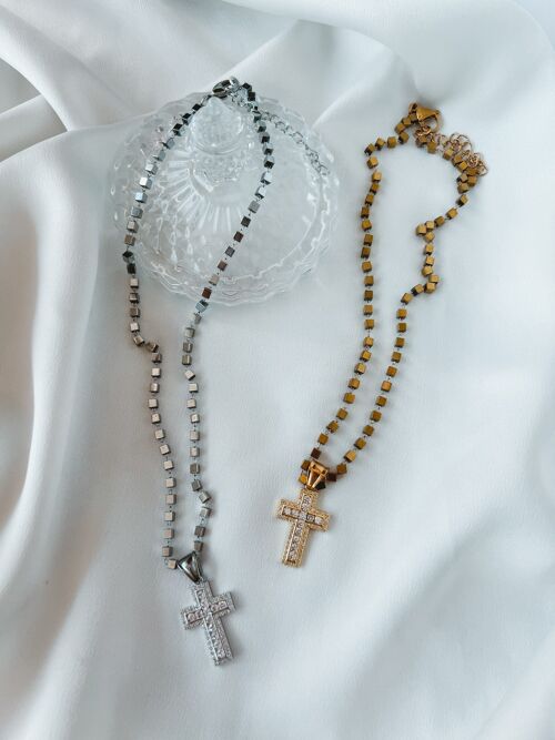 Cross with semiprecious hematite beads necklace