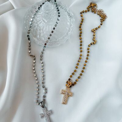 Cross with semiprecious hematite beads necklace