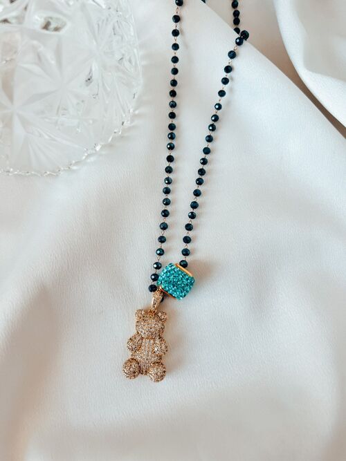 Crystal blue black chain with zirgon teddy bear and bead