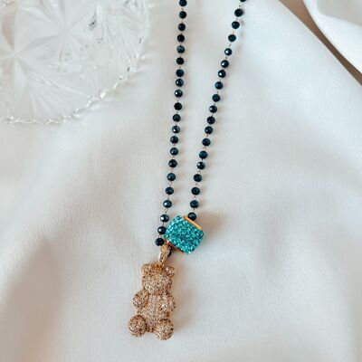 Crystal blue black chain with zirgon teddy bear and bead