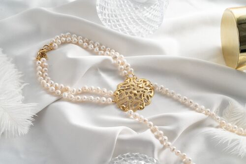 Double choker pearl rosario with gold charm