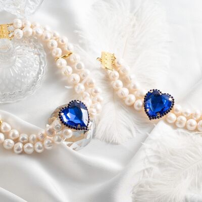 Double pearl choker and bracelet with blue heart