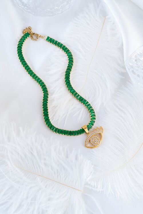 Emerald green baquette tennis chain with evil eye