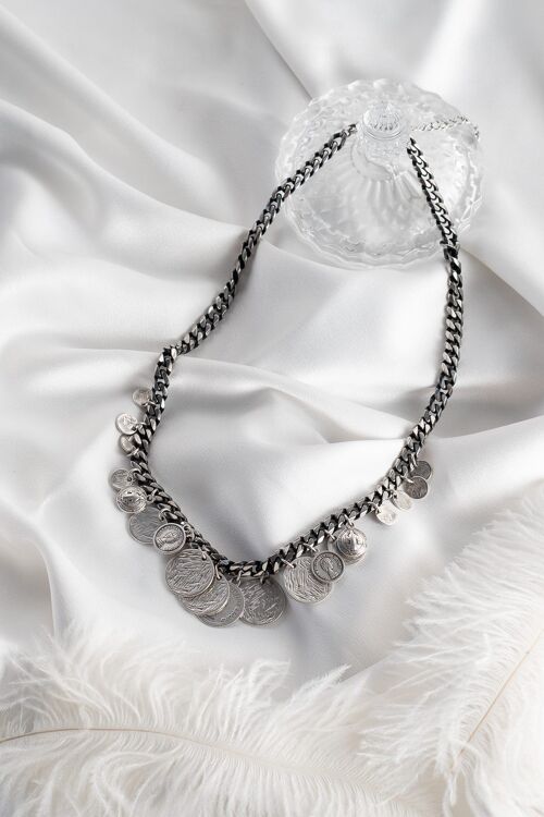 Ethnic coins in silver black chain