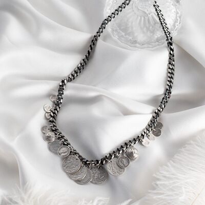 Ethnic coins in silver black chain