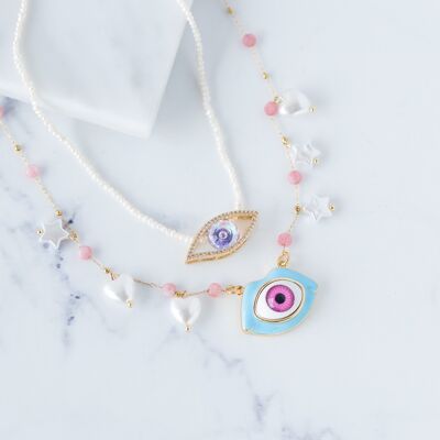 Evil-Eye-Halsketten mit rosa Details