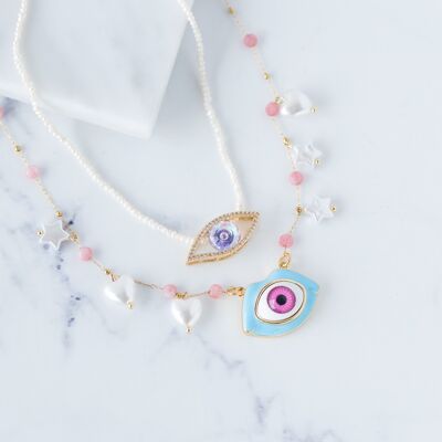 Collares mal de ojo con detalles rosas