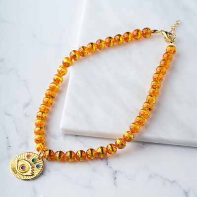 Evil eye orange beads necklace