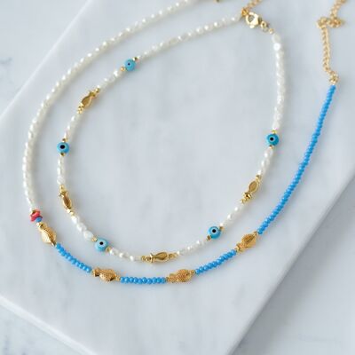 Fish and eye delicate necklace with pearls