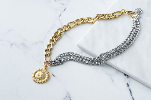 Gold and silver figaro chain with sunflower
