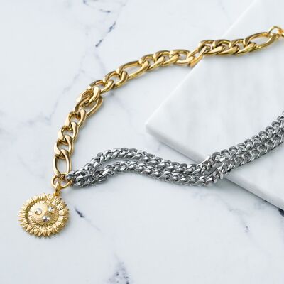 Gold and silver figaro chain with sunflower