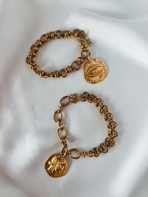 Gold chunky chain bracelets with coins